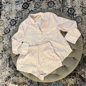 NWOT Pink and White pinstripe long sleeve Pajama boxer shirt set .